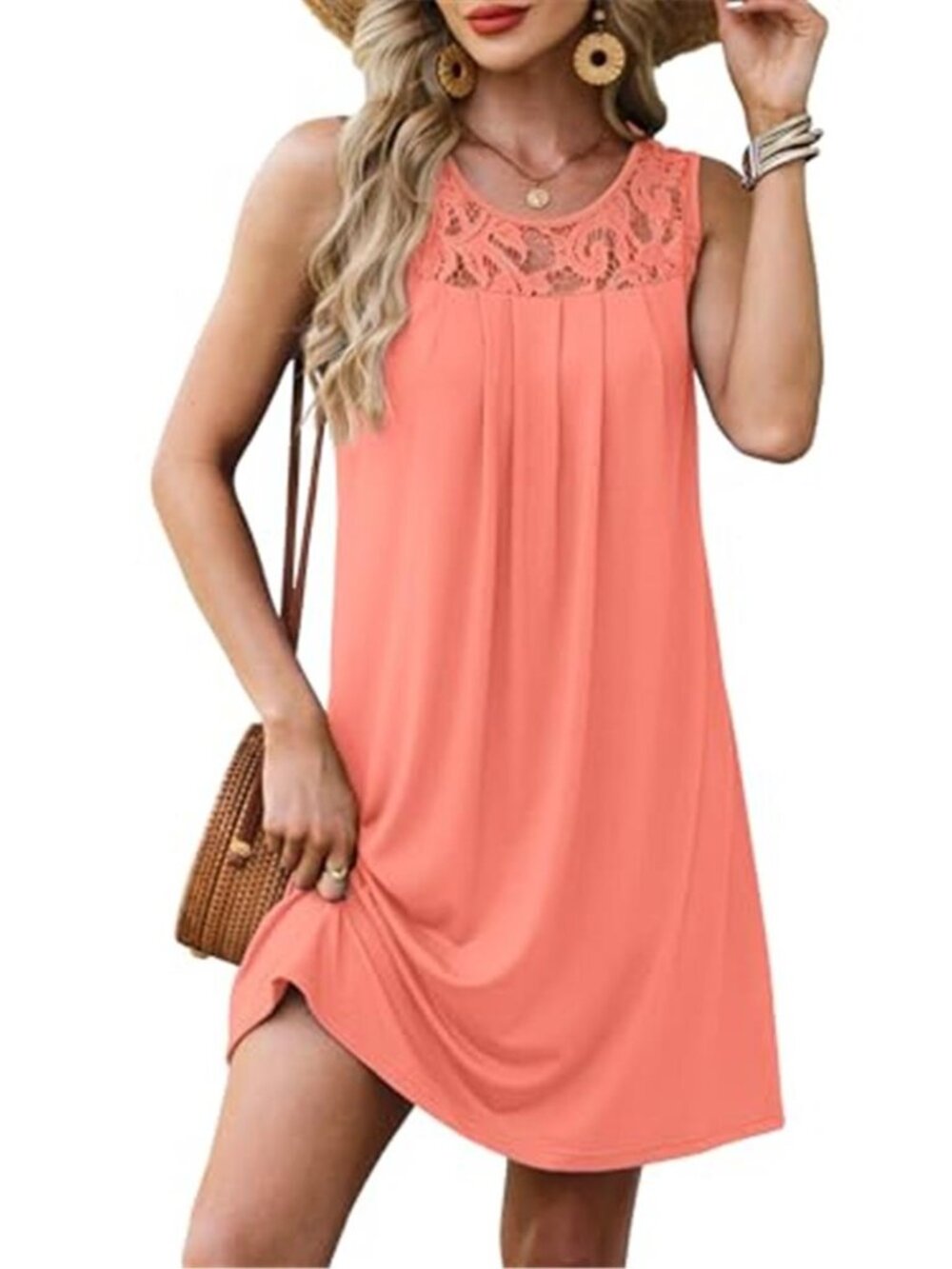 Coral Sleeveless Lace Yoke Swing Dress Beach Cover Up Sundress